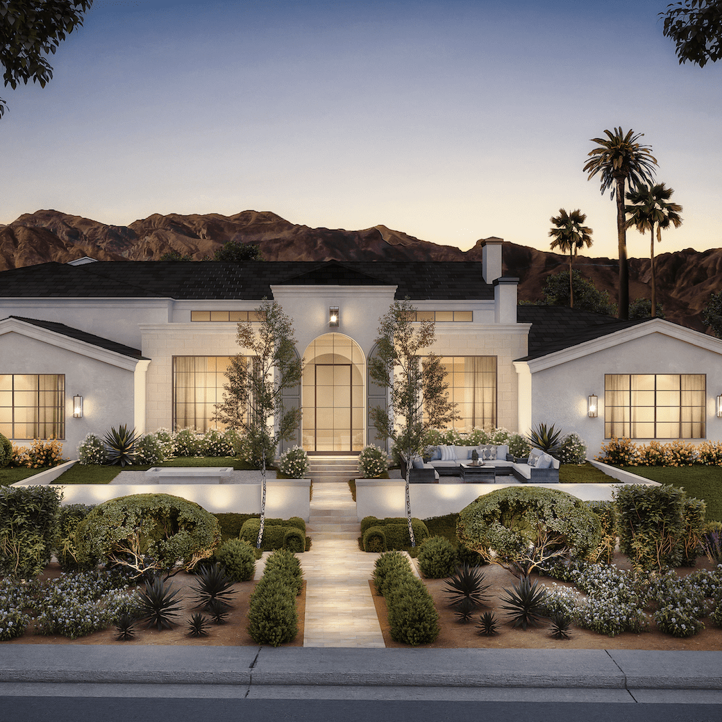 Luxurious modern mansion with elegant lighting and desert landscaping.